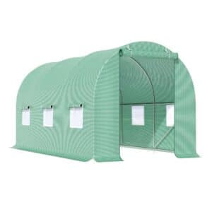 Drivhus 445x190x200cm plastikdrivhus tomathusdør med myggenet, vindue, galvaniseret stålfilmtunnel, staldplantetunnel, drivhus inklusive jordankerreb, grøn