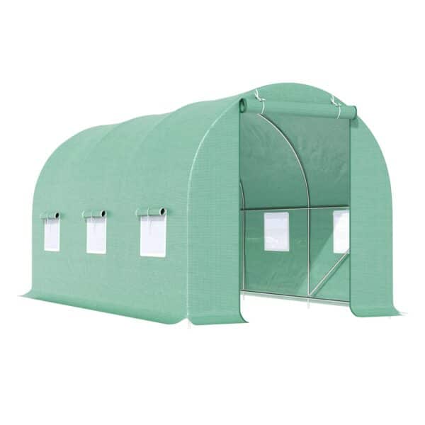 Drivhus 445x190x200cm plastikdrivhus tomathusdør med myggenet, vindue, galvaniseret stålfilmtunnel, staldplantetunnel, drivhus inklusive jordankerreb, grøn
